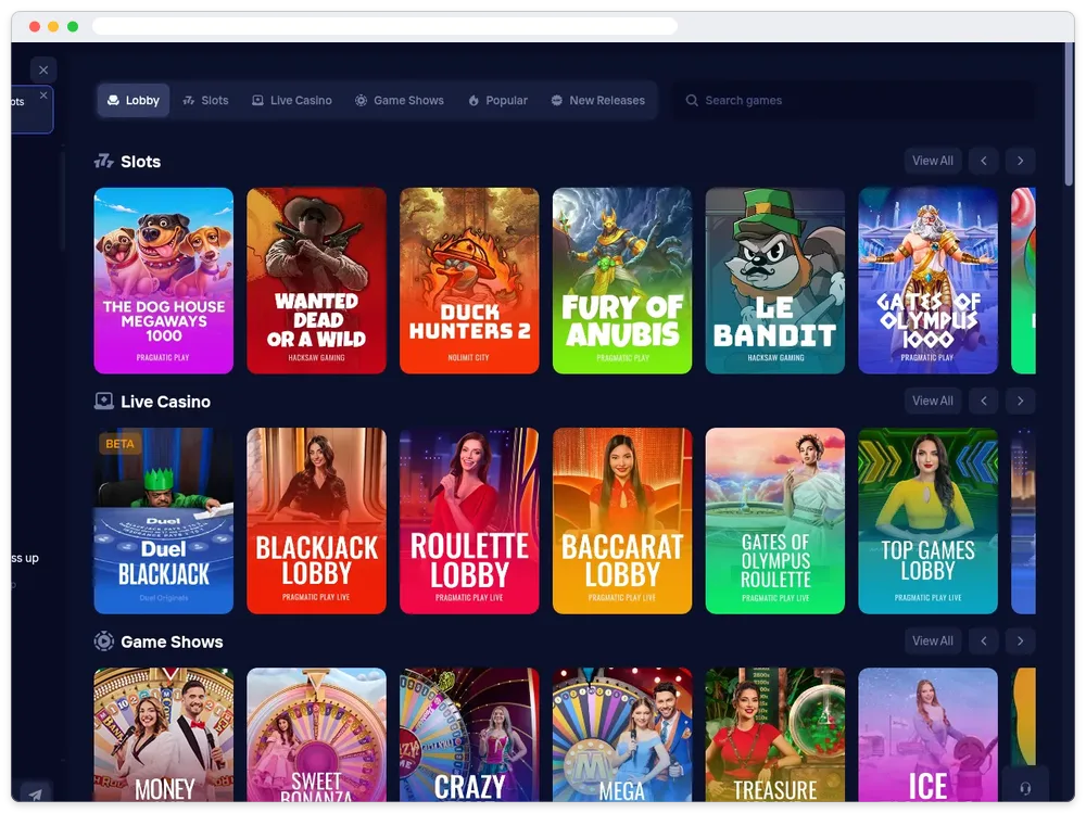 Duel Casino spelutbud, skärmdump oktober 2026