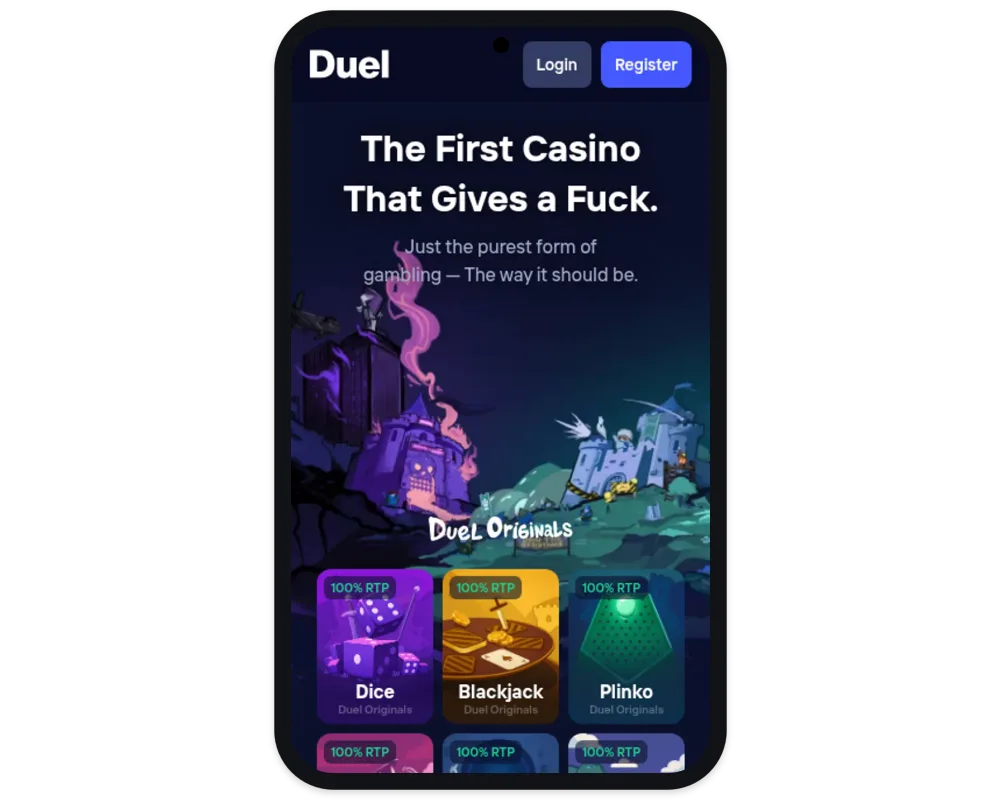 Duel Casino mobil, skärmdump oktober 2026